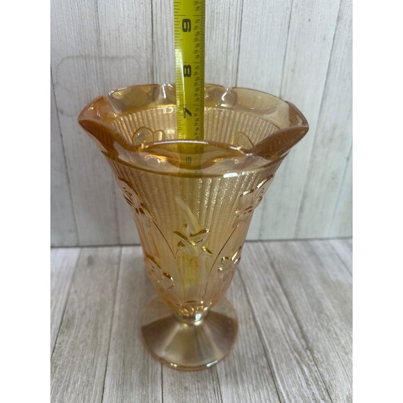Vtg Jeannette Marigold Carnival Depression Herringbone Vase Iris Peach 9'' Tall - Picture 11 of 11